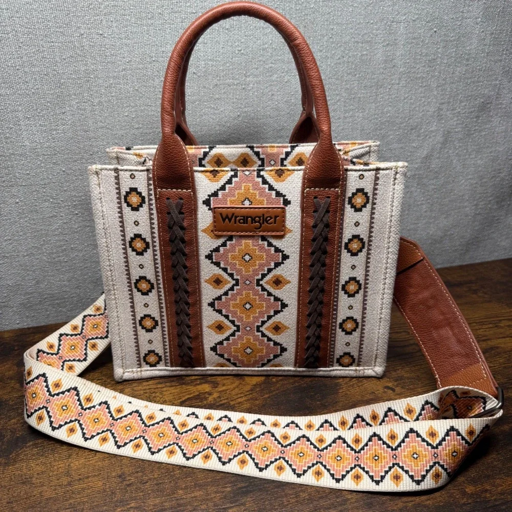 Wrangler Southwestern Aztec Tote Bag Crossbody Small Purse Brown Canvas Western